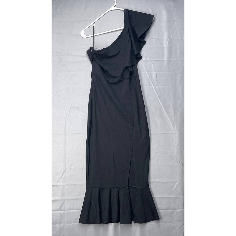 Black‎ One Shoulder Ruffle Sleeve Long Dress Slit Sz M Cocktail Coquette Femme